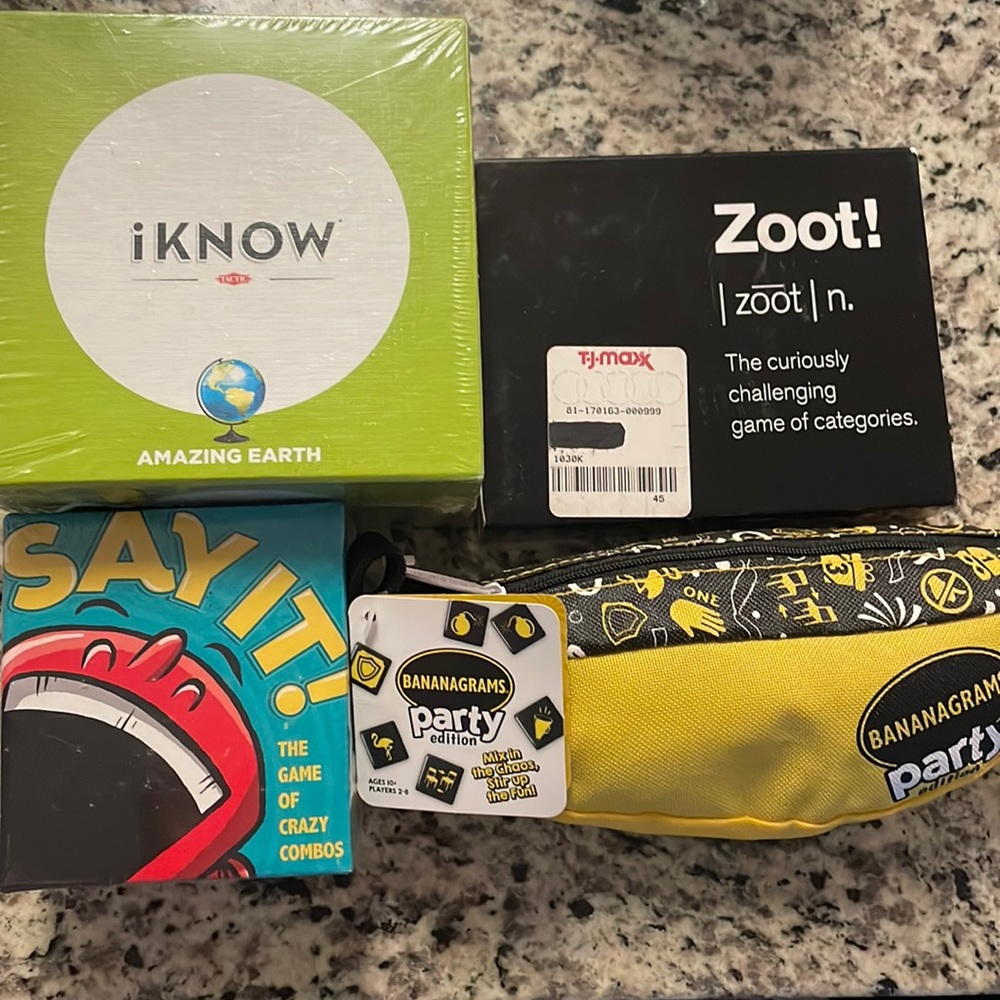 4 games- never opened- say it, I know, banana grams party, zoot